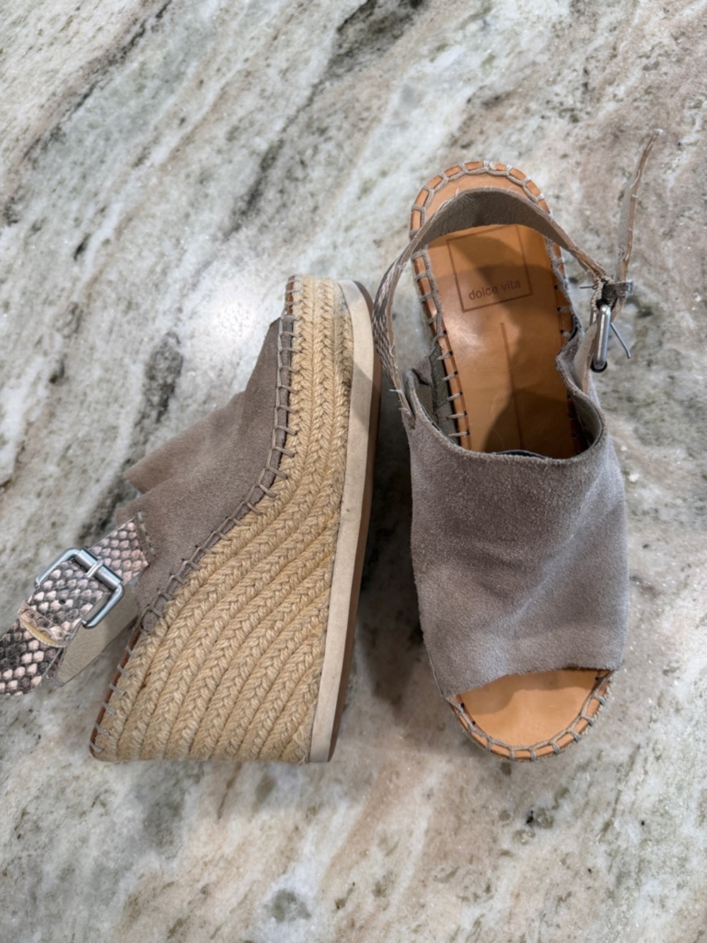 Dolce Vita Taupe Suede Espadrille Wedges with Braided Jute Platform